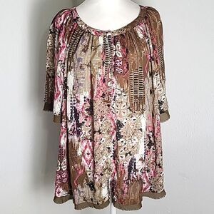 Roaman's Pink & Brown Buttondown Blouse with Brown Fringe Accent Hem, Size 14W
